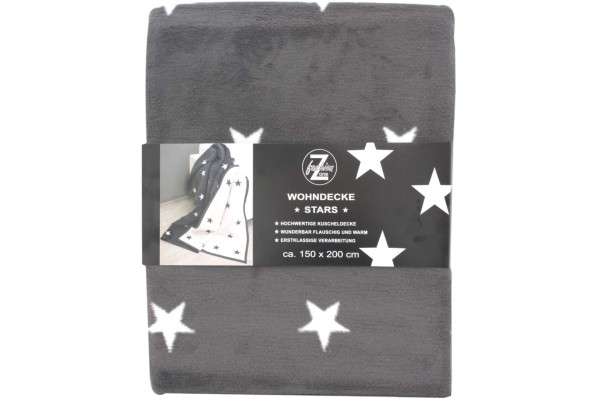 Fleece Wohndecke grau weiß mit Sterne 150 x 200cm