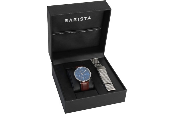 Babista Herrenuhr blaues Zifferblatt mit Leder-und Edelstahlband Quarz