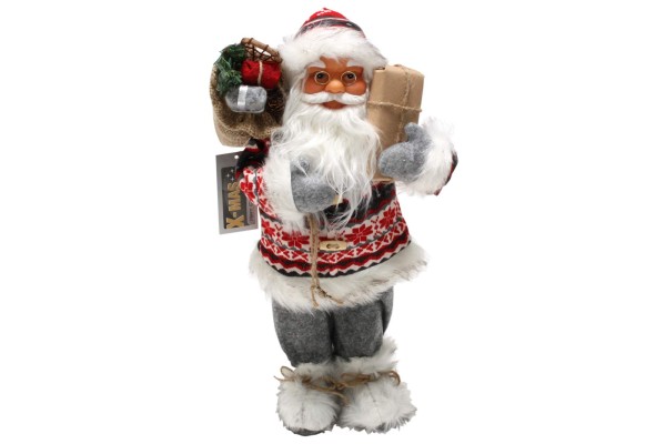 Weihnachtsmann 40 cm grau weiß mit Paket Geschenk XMAS